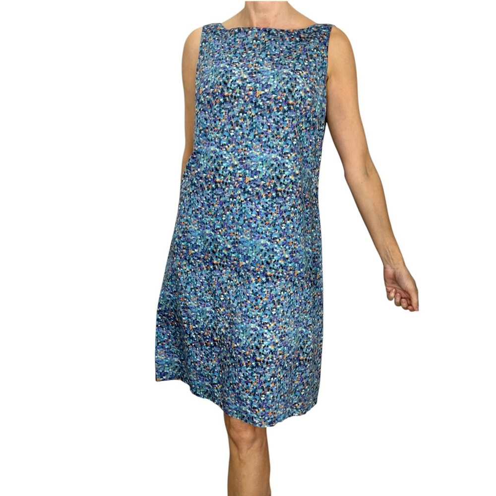 Liberty Art Fabrics blue print sleeveless cotton boat neckline shift dress 12